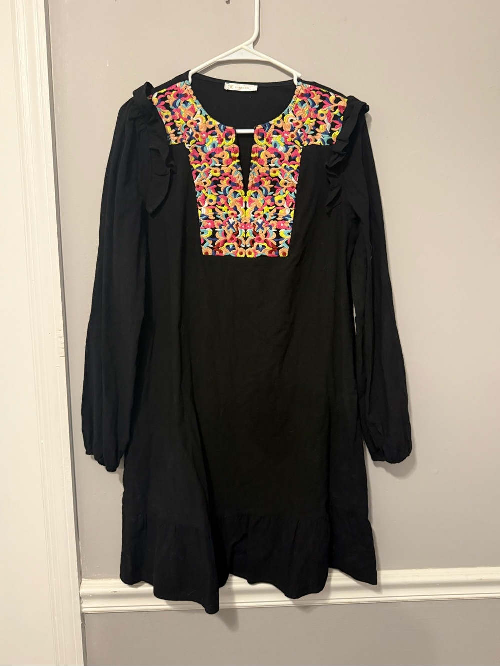 Black Long-Sleeve Embroidered Yoke Dress by